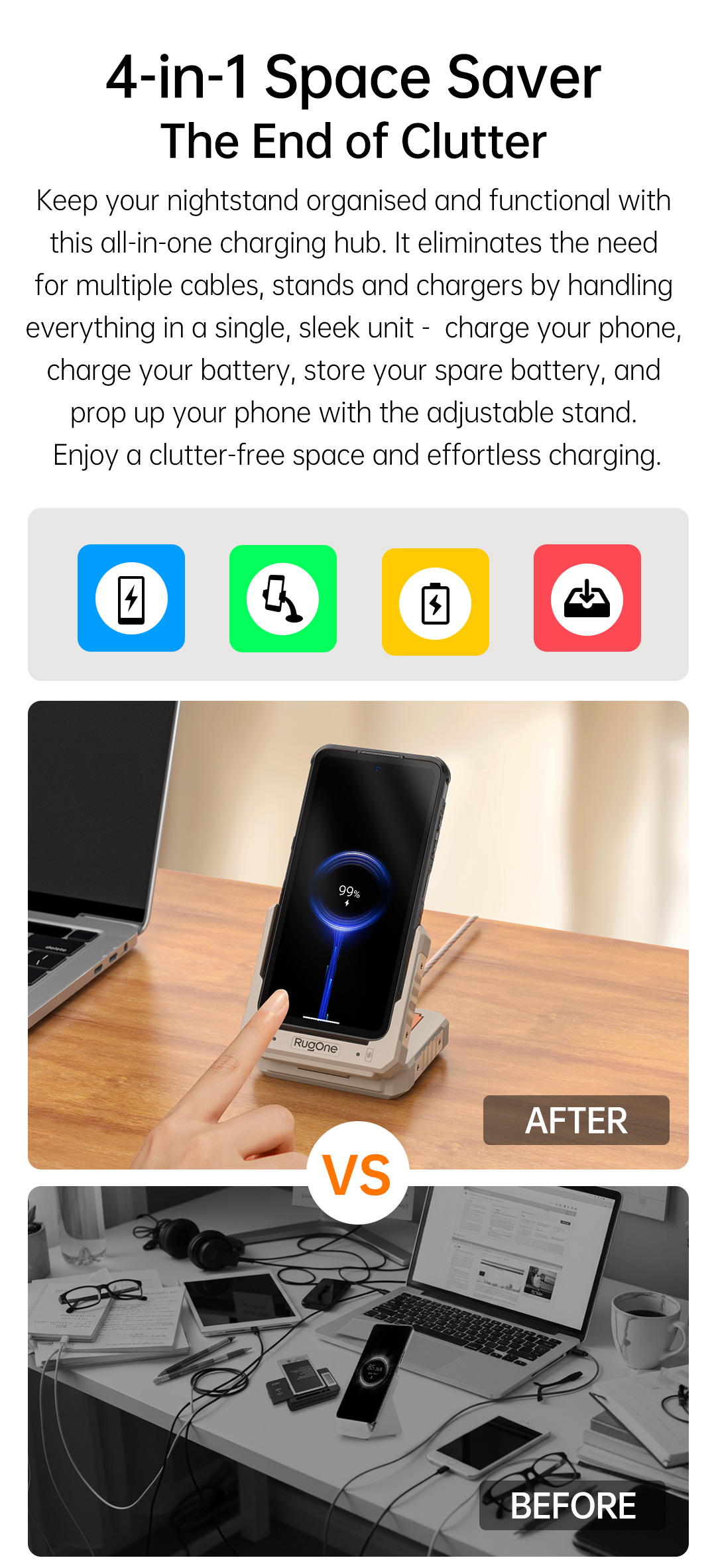 RugOne 4-in-1 Charging Station for RugOne Xever 7 Series Rugged Smartphones Space Saver