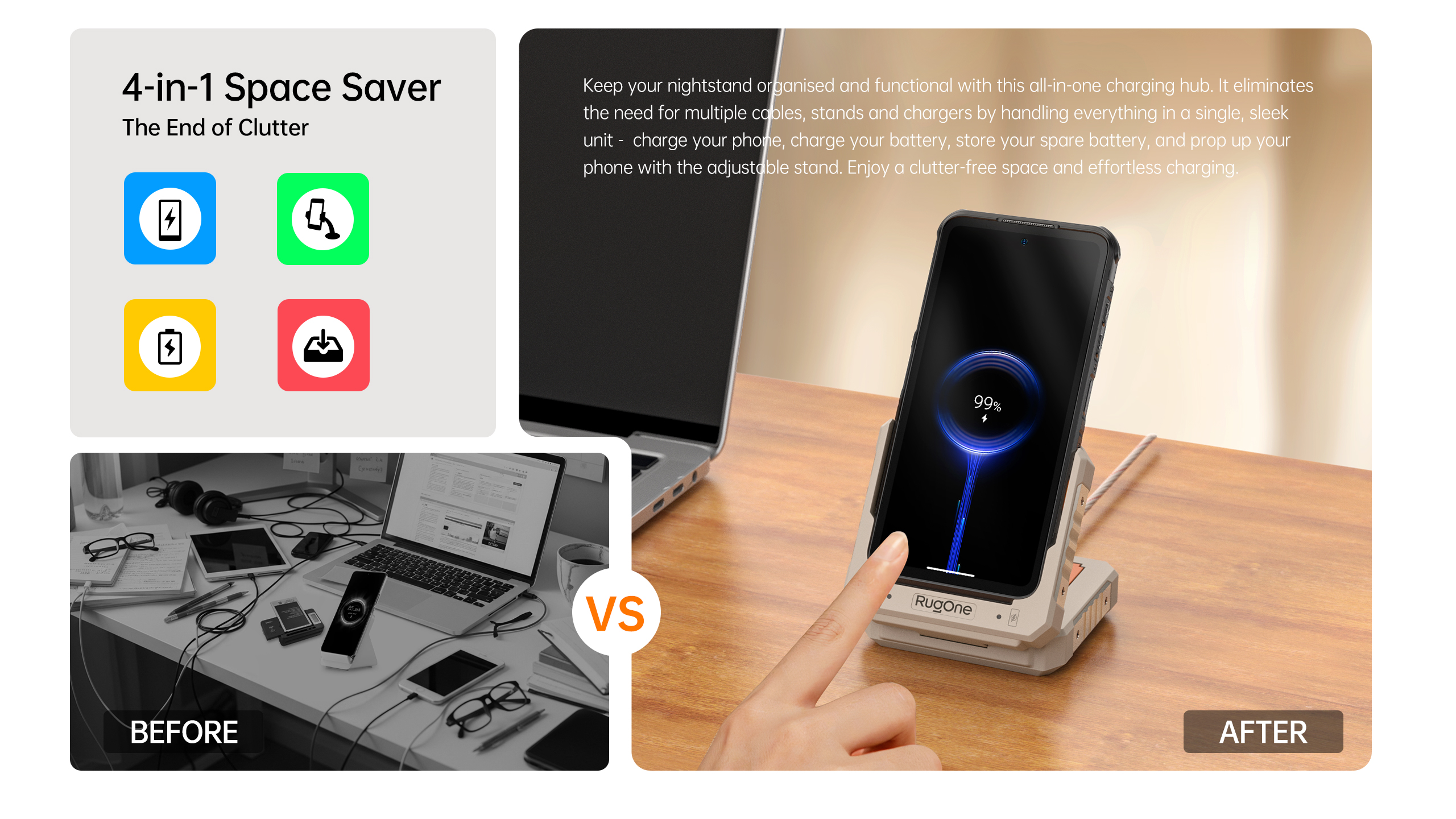 RugOne 4-in-1 Charging Station for RugOne Xever 7 Series Rugged Smartphones Space Saver