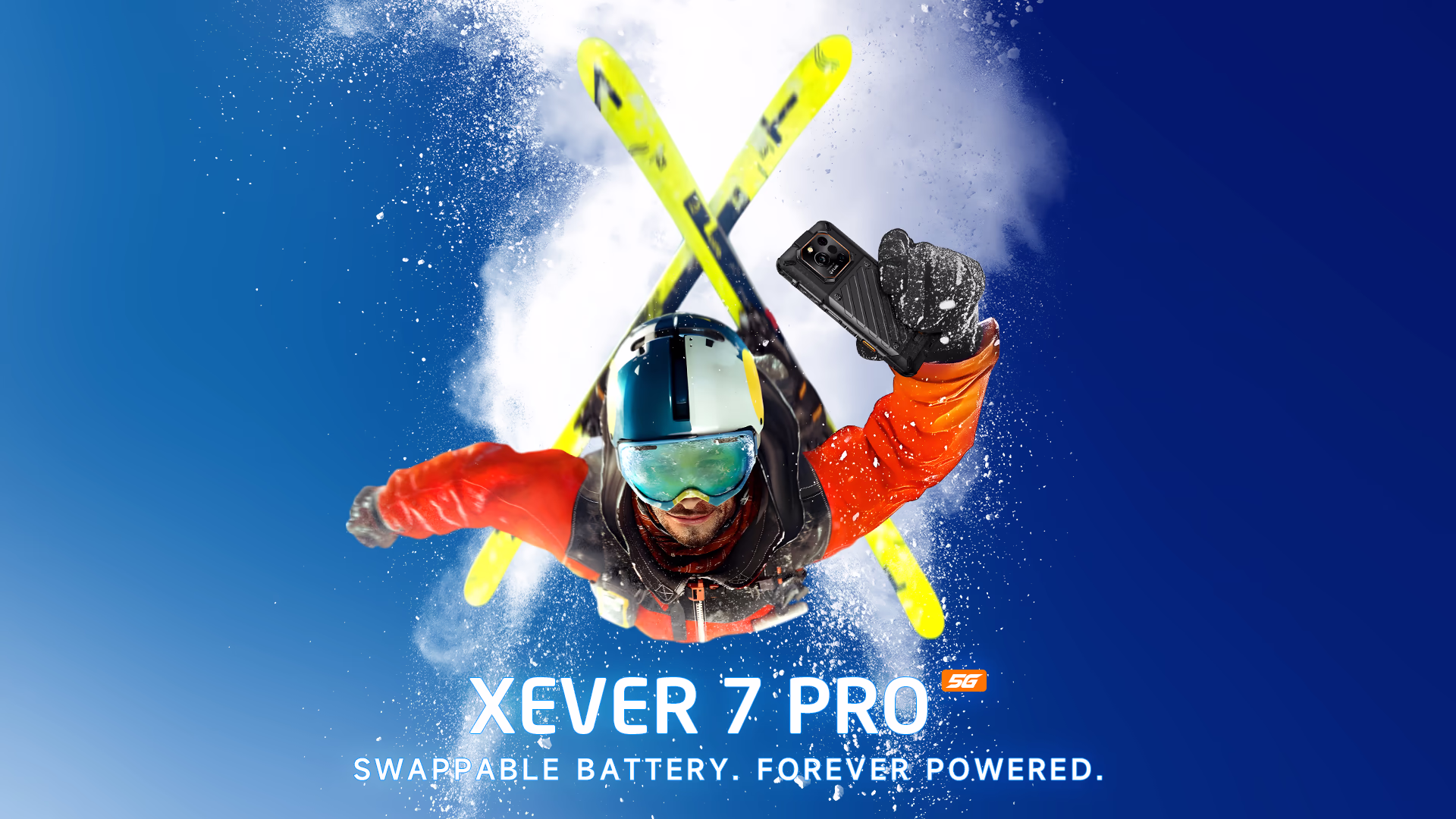 A Skier is holding RugOne Xever 7 Pro Rugged Smartphone while skiing